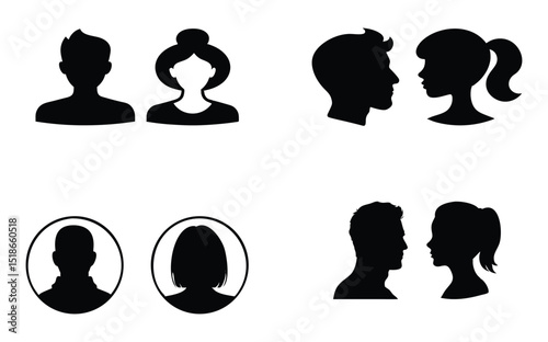 vector set, Vector illustration of silhouette man and woman portrait in profile. Male and female head on a white background side view.
