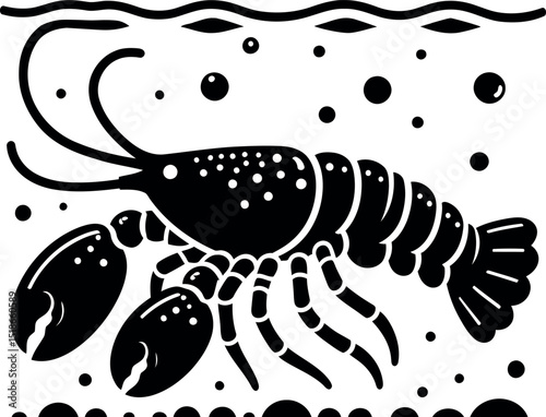 Lobster silhouette in the ocean with bubbles and waves