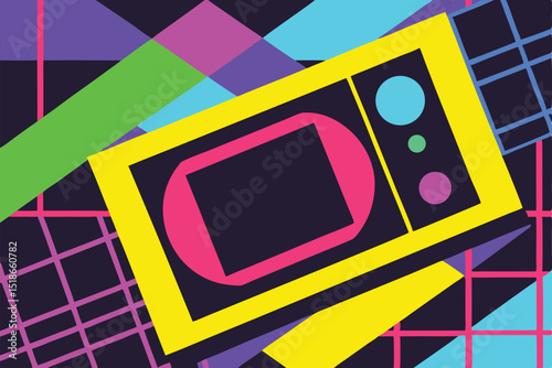 Abstract geometric design with colorful shapes and retro style tv element