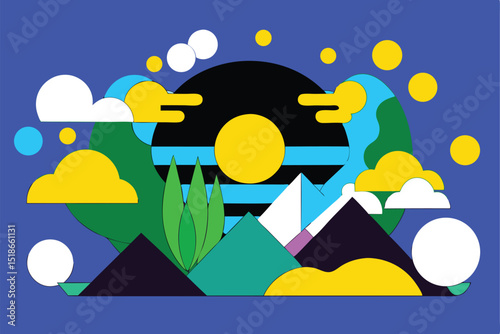 Abstract geometric landscape with sun clouds and mountains on a blue background