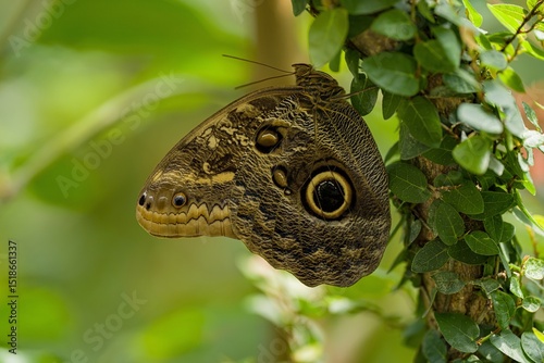 Owl Butterfly Resting on a Leaf in the Tropical Forest