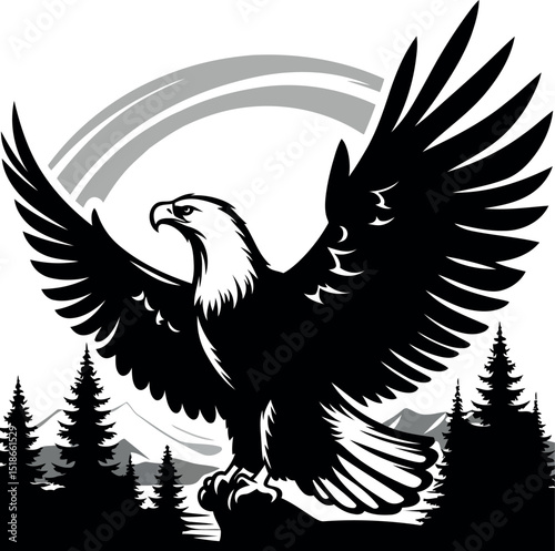 Majestic Bald Eagle Soaring Above Mountains and Pine Trees