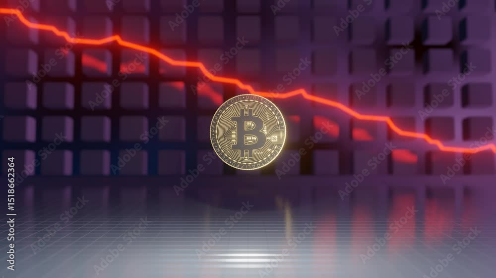 Bitcoin Seamless Spinning 3d Animation with price dropping bearish bear market