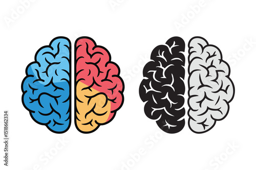 Left and Right Brain Vector Icons Colorful and Monochrome Hemisphere Illustration