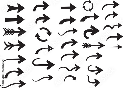 A collection of various black arrow designs pointing in different directions on a white background