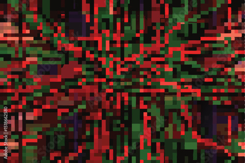 Abstract pixelated design with red and green geometric shapes on transparency