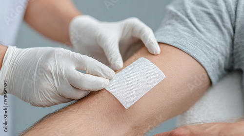 Medical professional applies a bandage to a patient's arm in a clinical setting during a routine health check-up