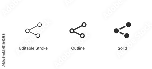 Share connection icon in editable stroke, outline, and solid styles, representing sharing, networking, digital distribution, networking, connections, and social collaboration