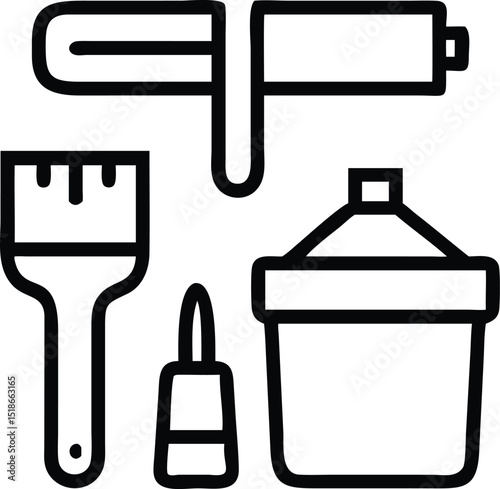 Artistic illustration of painting tools including paint roller and paint can