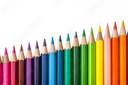 colored pencils Set, A row of colorful pencils arranged in a Spectrum gradient from.