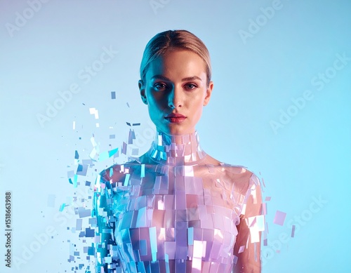 Futuristic Digital Art of Transparent Crystalline Human Figure with Pixel Glitch and VHS Distortion in Pastel Tones