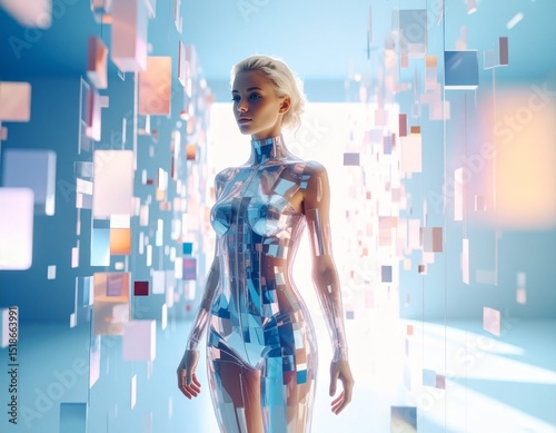 Futuristic Digital Art of Transparent Crystalline Human Figure with Pixel Glitch and VHS Distortion in Pastel Tones