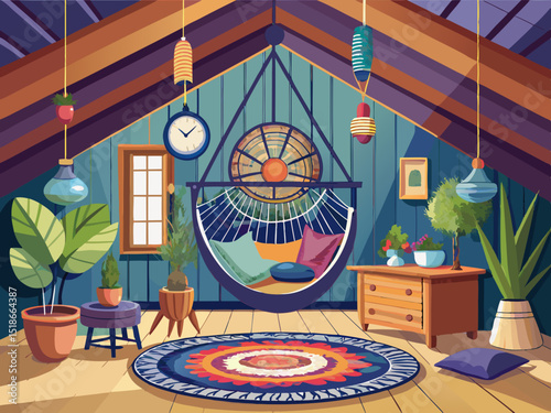vector of Cozy hanging chair in the attic living room with a stylish and bohemian design...