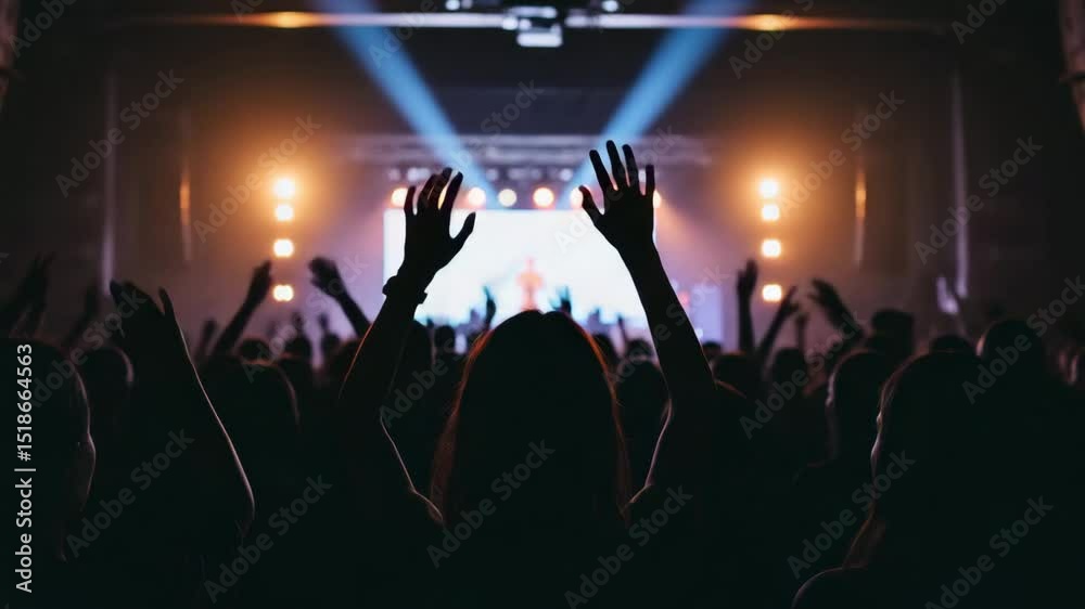 Audience cheering with hands raised at lively concert event  