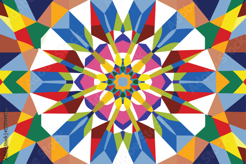 Colorful abstract geometric design featuring transparent shapes and symmetrical pattern
