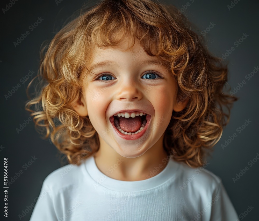 Happy child with long curly hair and blue eyes, wearing a white t-shirt, smiling with open mouth against a neutral grey background. Happy child with long curly hair and blue eyes, wearing a white t-shirt, smiling with open mouth against a neutral grey background.