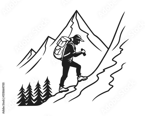 Hiker Ascending Mountain Peak with Backpack