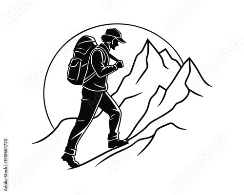 Silhouette of a Hiker Ascending a Mountain Peak
