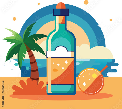 Colorful beach scene with bottle palm tree and cocktail on transparent background