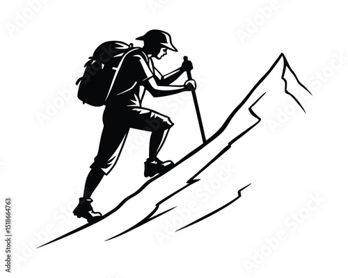 Silhouette of a Hiker Ascending a Mountain Peak