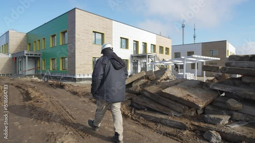 Construction of kindergarten campus shows emergence of support structures for pavilions. Fresh greenery promises engaging outdoor classrooms