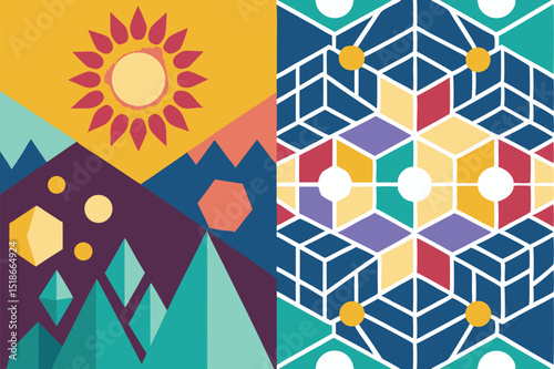 Colorful geometric landscape and abstract cubism design on a transparent background