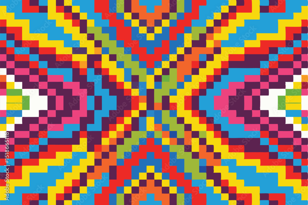 Colorful mosaic pixelated pattern symmetrical design with vibrant geometric shapes
