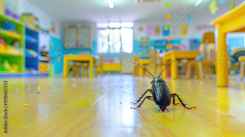 Large cockroach crawling on the floor of a brightly colored, empty kindergarten classroom, suggesting an infestation and need for pest control