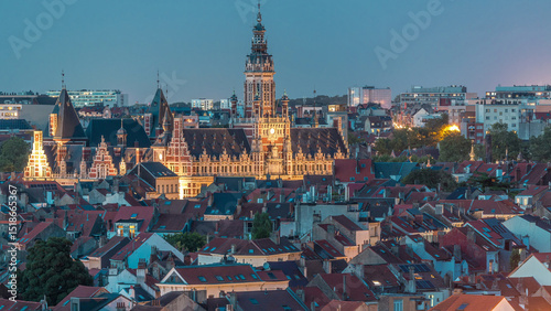 Aerial view of Schaerbeek Town Hall day to night timelapse in Brussels, Belgium.