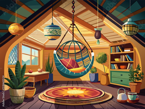 vector of Cozy hanging chair in the attic living room with a stylish and bohemian design...