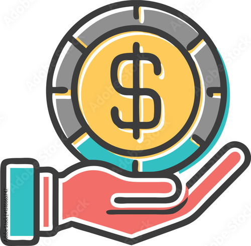 Financial symbol illustration of dollar coin being held in a hand on white