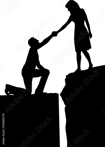 Two silhouetted figures, a man and a woman, reach toward each other across a small gap. The man is on one knee, arm extended. The woman leans slightly forward. The background is flat white, with a cen