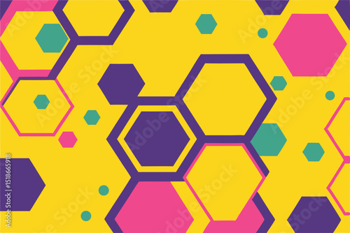 Geometric hexagon pattern with transparency in vibrant yellow purple and pink colors