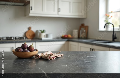 Modern kitchen interior with soapstone countertop, wooden bowl with figs, floral napkin. Minimalist design, white cabinets, natural light from window. Ideal for product display, food photography,