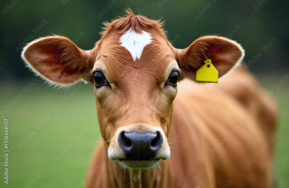 Close-up portrait of Jersey dairy heifer calf on farm. Cute young bovine looking at the camera. Domesticated mammal, farm animal. Agriculture, rural life, farming, countryside. Close-up portrait of Jersey dairy heifer calf on farm. Cute young bovine looking at the camera. Domesticated mammal, farm animal. Agriculture, rural life, farming, countryside.