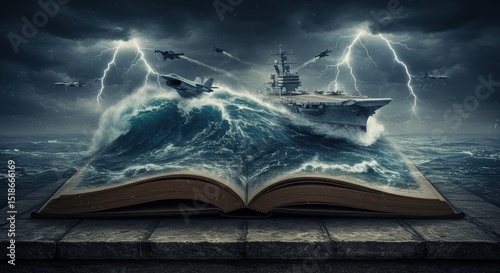 Ancient Book Erupting into a Stormy Ocean