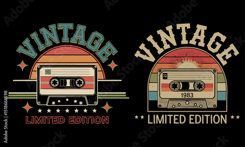 Highly Detailed Vintage Limited Edition Cassette Tape Design Collection with Retro Sunset and Star Elements for Music and Nostalgia