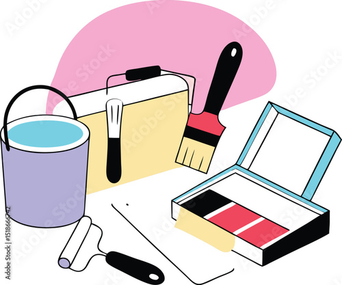 Illustration of paint tools and artist supplies in a creative colorful style