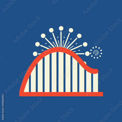 Minimalist illustration of a roller coaster ride with fireworks and transparent background