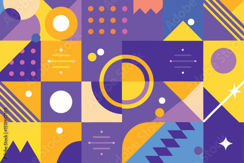 Modern geometric abstract composition with colorful shapes and transparency effect