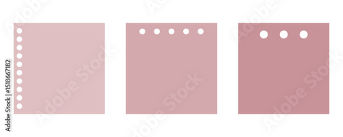 Three pink square sticky notes with punched holes on the left, top, and top right corners. Flat lay composition with copy space. Office supplies and organization concept for design and print. Vector