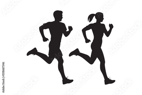 Running Silhouette of Man and Woman Fitness Jogging Vector Clipart
