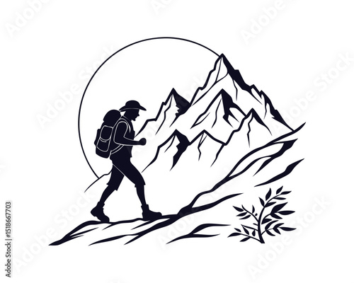 Silhouette of Hiker Ascending Majestic Mountains