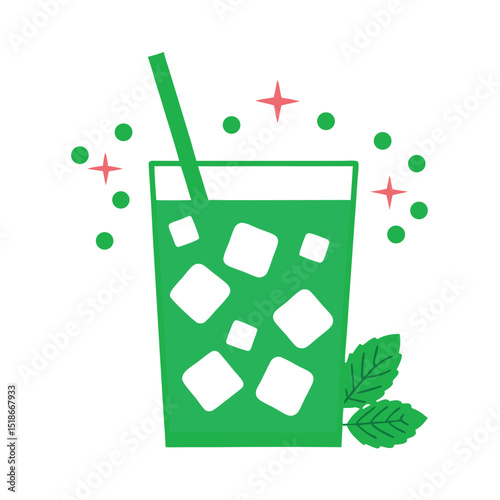 Refreshing green cocktail illustration featuring ice and mint leaves with transparency