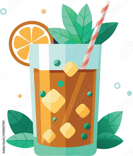 Refreshing summer drink illustration with orange slice ice cubes and mint leaves