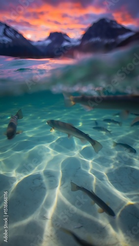 Mountain lake sunset underwater fish scene tranquil water background