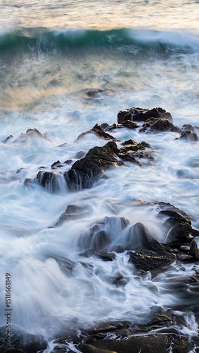 Ocean waves crashing on rocky coastline dramatic water background