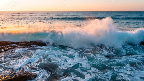 Ocean waves crashing on rocky shore at sunset golden hour water liquid background