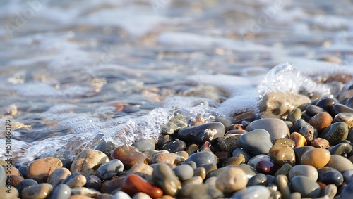 Ocean waves crashing on smooth sea pebbles beach background
