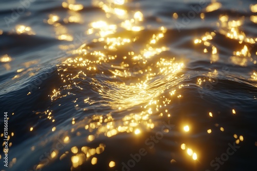 Golden fireflies over forest pond at twilight. AI generative